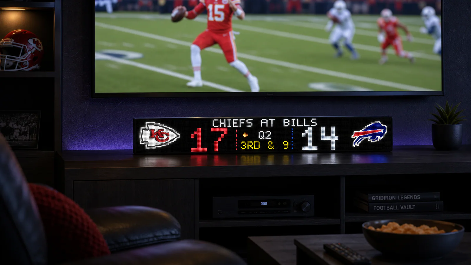 LumaGlow Scroll football score display under a TV