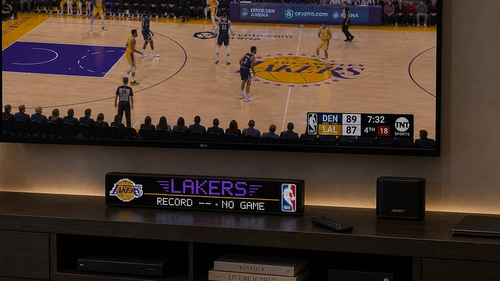 LumaGlow Scroll Lakers record display in a modern den