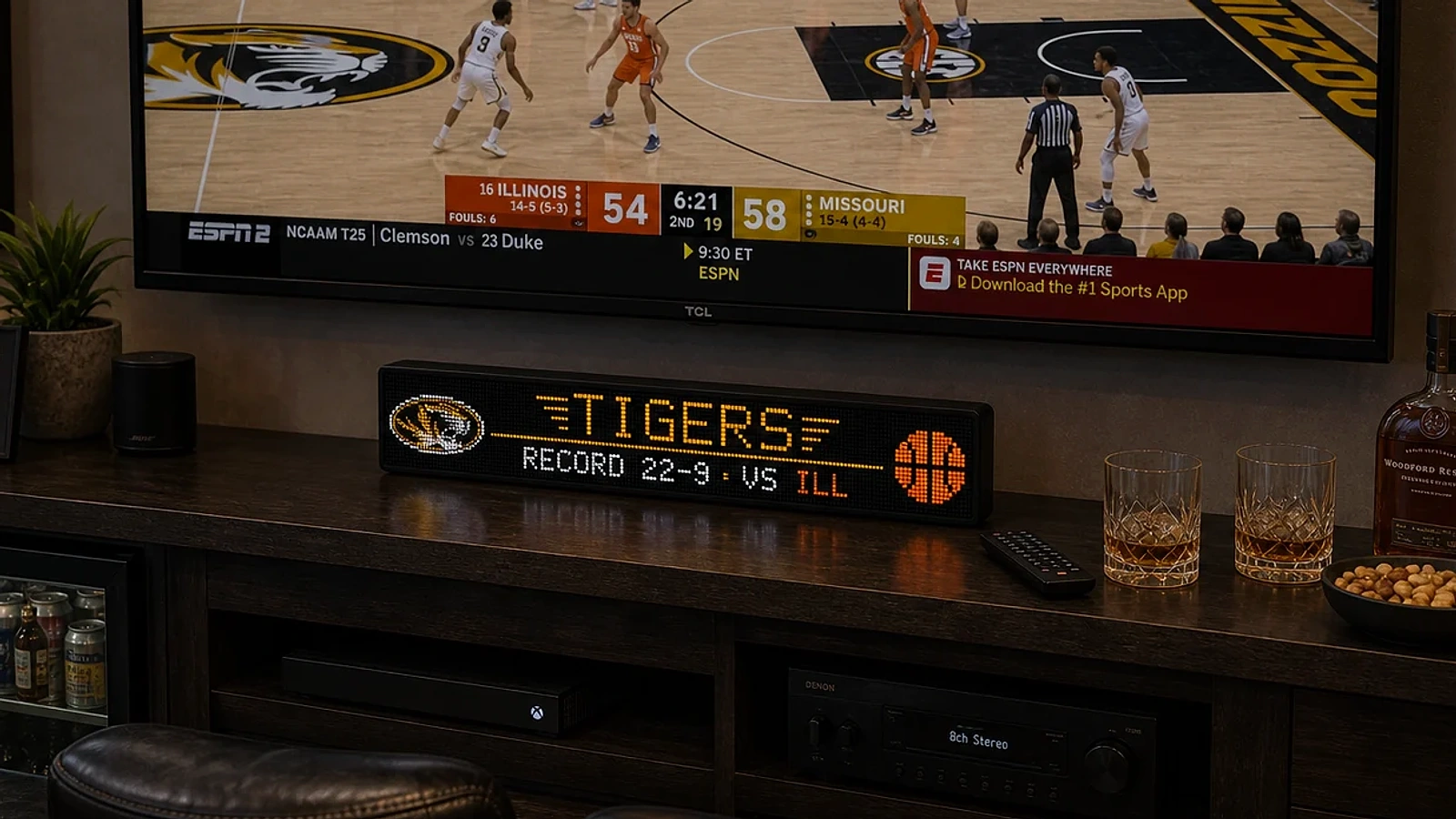LumaGlow Scroll Tigers basketball scoreboard in a basement bar