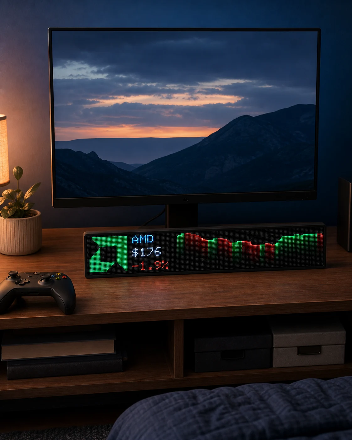 LumaGlow Scroll showing AMD stock price and trend views below a gaming monitor