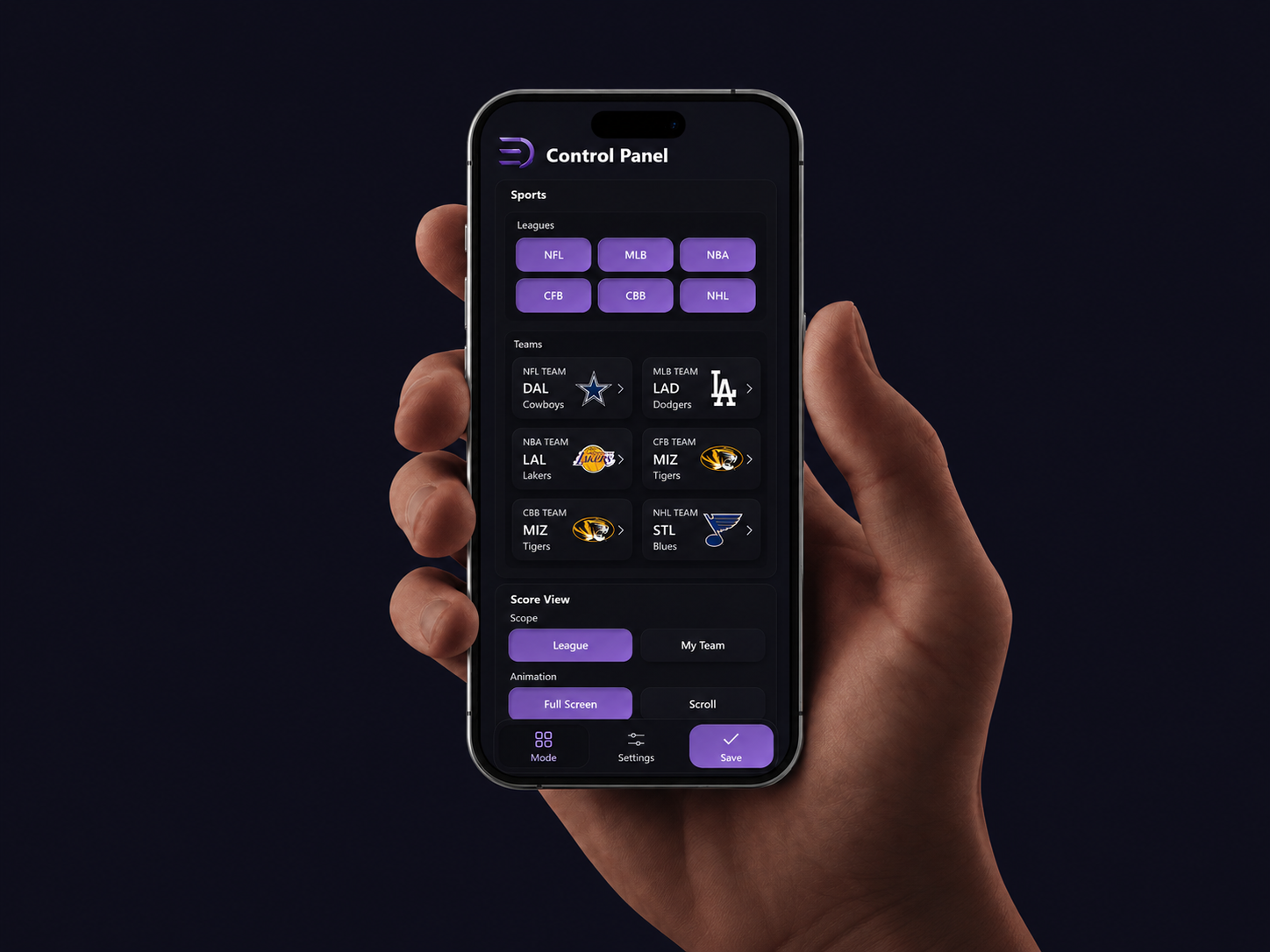LumaGlow Scroll mobile control panel shown on a phone held in hand