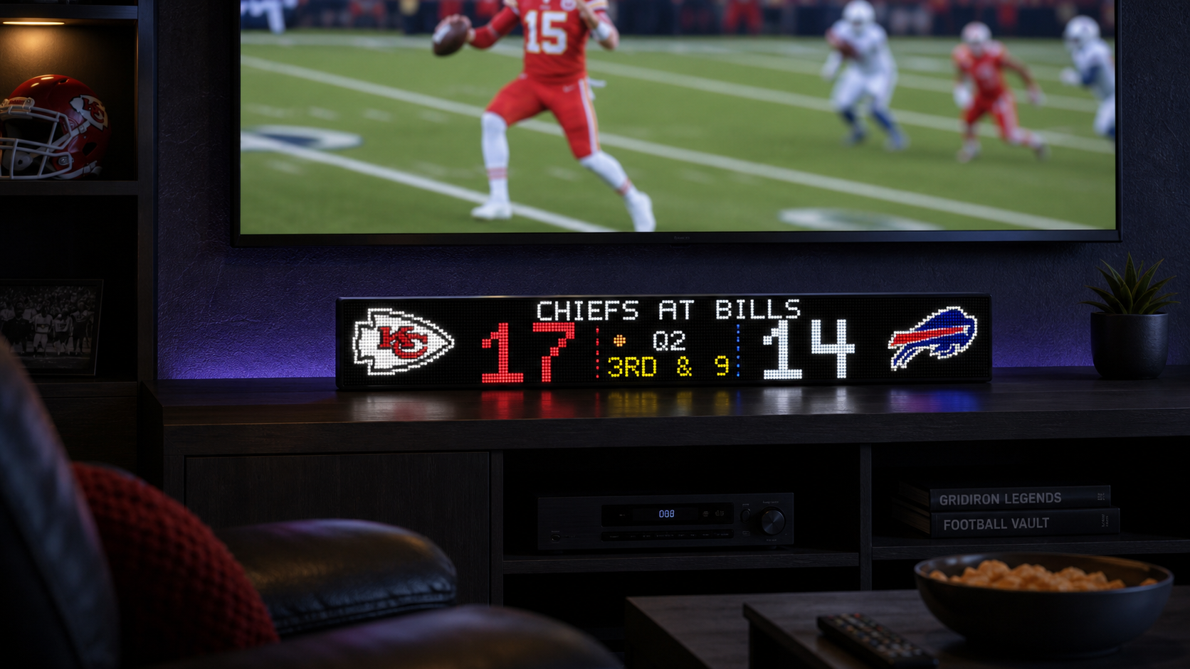 LumaGlow Scroll sports display glowing under a TV during a football game